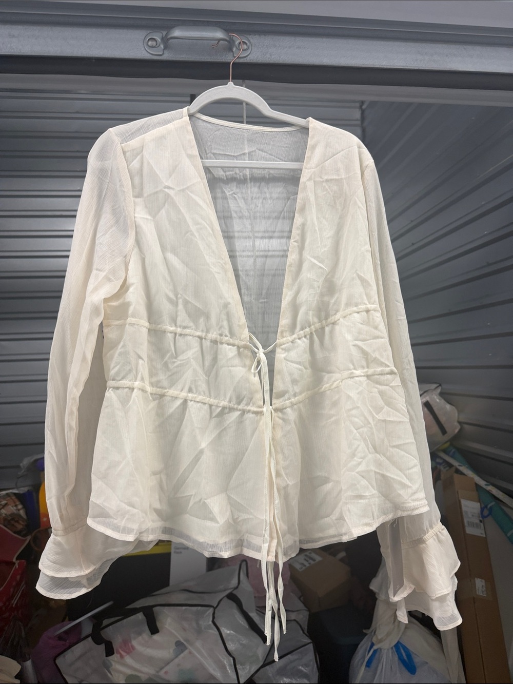 Missguided Cream Sheer Tie-Front Ruffle Sleeve Blouse